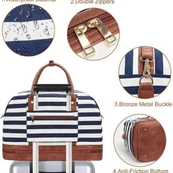 New Duffle Bag Canvas for Women Blue White Striped Bag - Picture 6 of 9